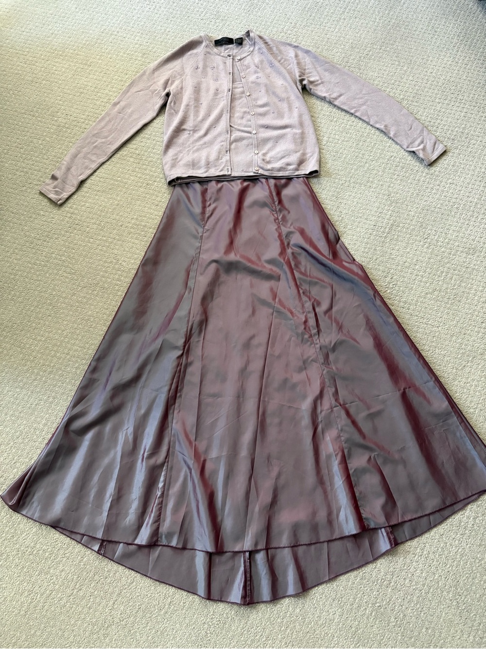 Express Satin Maxi Skirt in Wine Plum with Tank Top (S) and Sweater (M).
